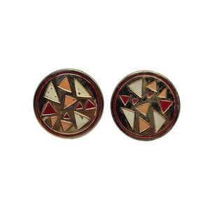 Vintage Gold Tone Cufflinks With Geometric Pink Cream Enamel Design